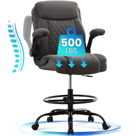 Fantasylab Tall Office Chair for Standing Desk High Executive Leather Ergonomic Computer Chair with Adjustable Height and Flip-Up Armrest for Counter Height Desk,GRAY
