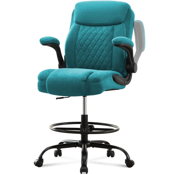 Fantasylab Drafting Chair Tall Office Chair for Standing Desk High Executive Leather Ergonomic Computer Chair with Adjustable Height and Flip-Up Armrest for Counter Height Desk,BLUE