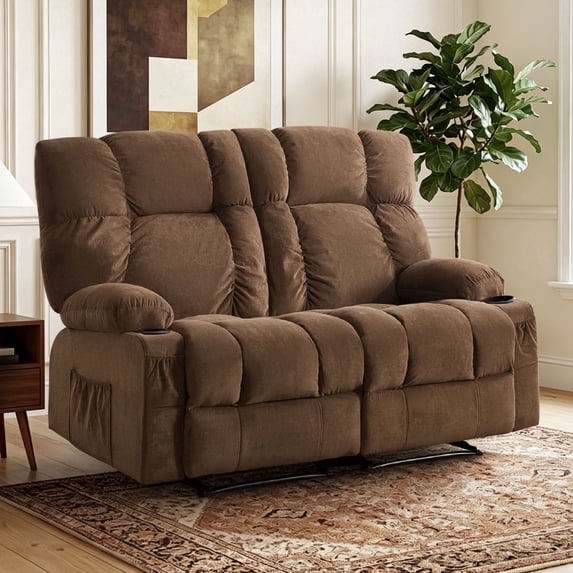 Fantasylab Loveseat Recliner Sofa for Living Room, Extra Wide 2 Seat Reclining with Convenient Storage Pockets,Cup Holders,Manual Sofa Chair,Breathable Fabric,Brown