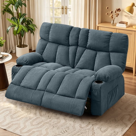 Fantasylab Reclining Loveseat with Cup Holders,Recliner Love Seat Sofa, Manual Recliner Couch with Ergonomic, Side Pocket,Blue