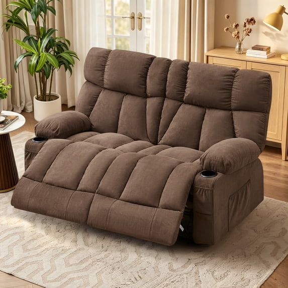 Fantasylab Reclining Loveseat with Cup Holders,Recliner Love Seat Sofa, Manual Recliner Couch with Ergonomic, Side Pocket,Brown