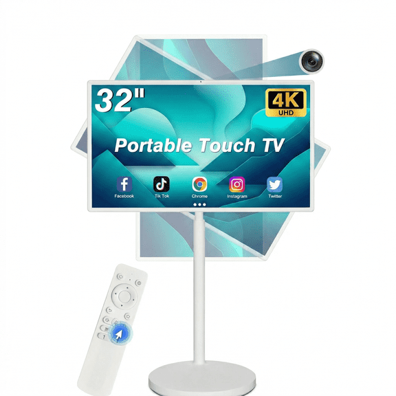 Fantasyview 32 Inch 4K Portable Smart TV on Wheels - Touchscreen Monitor, Built-in Camera & Speaker, Android 15, 8GB+128GB, 5-8H Battery, Voice Control