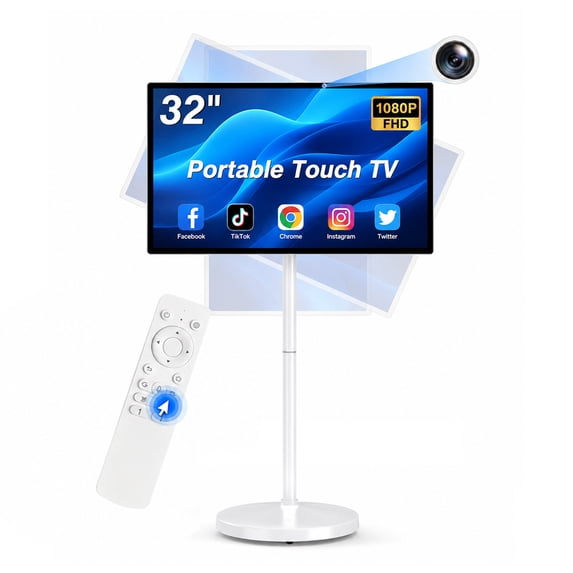 Fantasyview 32 Inch Portable Touch TV, 1080P FHD Smart Screen with Stand, Android 13 Touchscreen Display, Built-in Battery, 13MP Camera, Wireless Casting, Rotating Screen, White