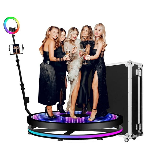 Fantasyview 39.4” 360° Glass Photo Booth with Automatic Rotation and LED Ring Light, Mirror Design for Weddings, Parties, Events, and Rentals