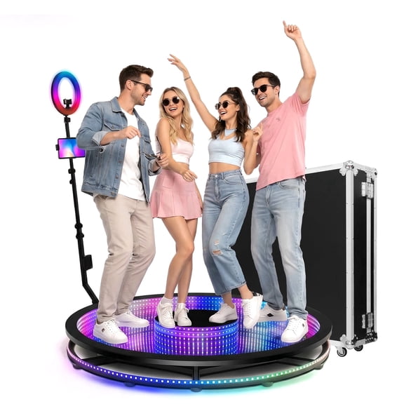 Fantasyview 39.4” 360° Glass Photo Booth with Automatic Rotation and LED Ring Light, Mirror Design for Weddings, Parties, Events, and Rentals