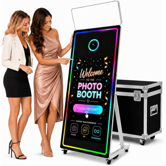 Fantasyview 65" Magic Mirror Photo Booth with 43" Interactive Touch Screen, Built-in Mini PC, RGB LED Frame, Portable Digital Photo Booth Kiosk for Parties, Weddings and Events