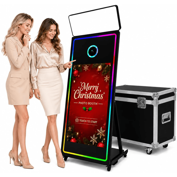 Fantasyview 65" Magic Mirror Photo Booth with 43" Interactive Touch Screen, Built-in Mini PC, RGB LED Frame, Portable Digital Photo Booth Kiosk for Parties, Weddings and Events