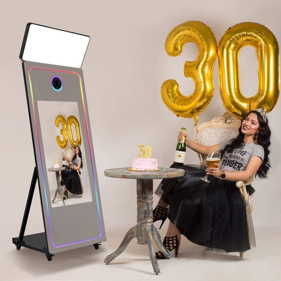Fantasyview 65 inch Magic Mirror Photo Booth Machine with 43" Interactive Touch Screen, RGB Lights, Software & Flight Case for Weddings, Parties, Corporate Events Rental