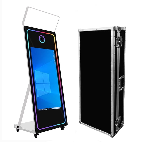 Fantasyview 65 inch Magic Mirror Photo Booth Machine with 43" Interactive Touch Screen, RGB Lights, Software & Flight Case for Weddings, Parties, Corporate Events Rental
