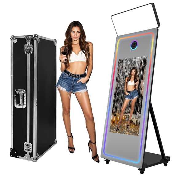 Fantasyview 65 inch Magic Mirror Photo Booth Machine with 43" Interactive Touch Screen, RGB Lights, Software & Flight Case for Weddings, Parties, Corporate Events Rental