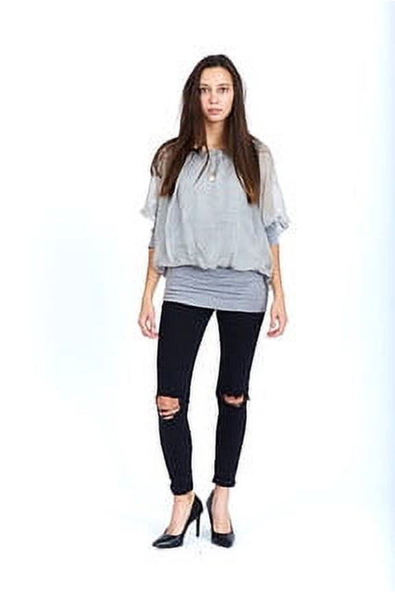 Fantazia Women's Banded Waist Flouncing Flared Long Sleeves Mesh Blouse Dolman Tops