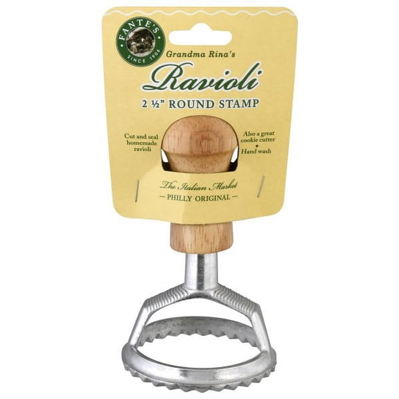 Fante's Grandma Rina's Ravioli Maker Stamp Set, Round Stamp with Wooden Handle and Fluted Edge; 2.5-Inch