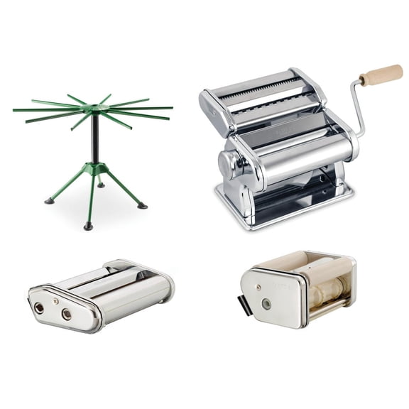 Fante's Pasta Machine With Spaghetti Fettuccine Angel Hair Wavy Lasagna Attachments And Collapsible Drying Rack, For Rolling Cutting And Drying Long Pasta Noodles