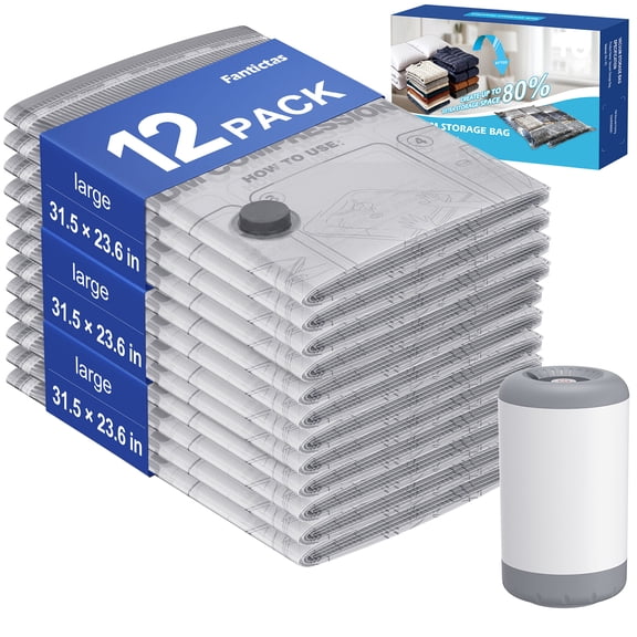 Fantictas 12 Pack Large Vacuum Storage Bags with Electric Pump, Reusable Space Saver Bags for Winter Coats Sweaters Pillows Bedding Set and Duvet Seasonal Closet Moving, 31.5 x 23.6 in