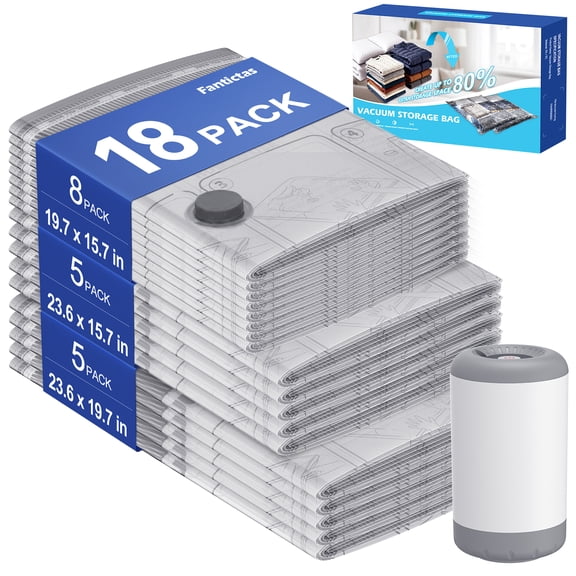 Fantictas Vacuum Storage Bags for Travel 18 Pack Set Reusable Double Seal Compression Bags with Electric Pump Space Saver for Clothes, Pillows, Down Jacket, Carry-On Packing