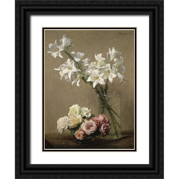 Fantin-Latour, Henri 12x14 Black Ornate Wood Framed with Double Matting Museum Art Print Titled - Lilies in a Vase