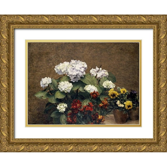 Fantin-Latour, Henri 18x14 Gold Ornate Wood Framed with Double Matting Museum Art Print Titled - Hydrangeas, Wallflowers and Two Pots of Pansies