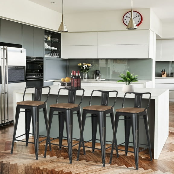 Fantizee 24 inch Metal Bar Stools Set of 4 Industrial Counter Height Bar Chairs with Backrest Indoor Outdoor Kitchen Distressed Gold