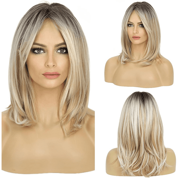 Fantly Blonde Wigs for Women Synthetic Hair Wig with Bangs Ombre Color with Black Roots