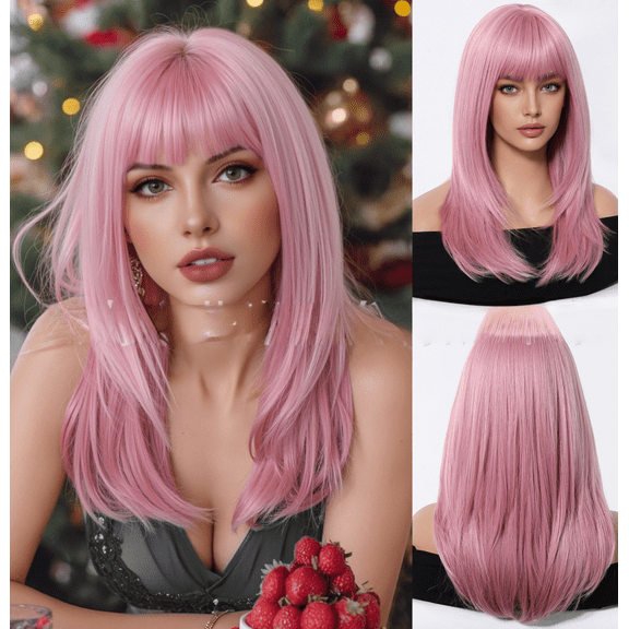 Fantly cosplay pink new holiday wig for women with bangs, mid to long hair ends, micro curls, full head set, birthday party, Halloween gift