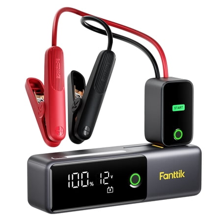 Fanttik Potent T10 1800A Portable Jump Starter, 12000mAh Power Bank, 12V Safe Lithium Jump Box with Smart SenseClamp, Retractable Charging Cable, Battery Booster for 7.0L Gas and 5.0L Diesel Engines
