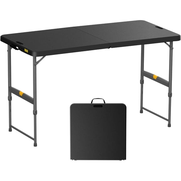 FanttikOutdoor 4ft Portable Folding Table, One-Handed Height Adjustment, 4 Heights, Gravity Lock, Carry Handle, Indoor Outdoor Heavy Duty Fold-in-Half Utility Table, Party, 1 Pack, Black Zeta X4 Pro