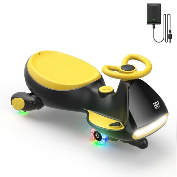 FanttikRide 12V N7 Pro Electric Wiggle Car with Pedal, 2-in-1 Kids Ride On Toy, Rechargeable Battery, 2-Speed, Anti-Rollover, Flashing Wheels, Bluetooth Music, for Ages 3+, 150 lbs, Yellow