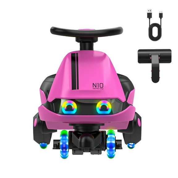 FanttikRide N10 Classic Electric Wiggle Car with Pedal, Type-C Rechargeable Battery, One-Click Detachable Mop, GlideWiz, Anti-Rollover, Flashing Wheels, Bluetooth, for Ages 3 and Up, 150 Lbs, Pink