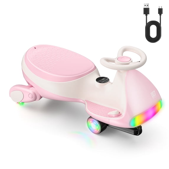 FanttikRide 12V N7 Ultra Electric Wiggle Car with Pedal, Kids Car, MagicMute™ Motor Swing Car, 2 Speeds, 9 Color Modes, Digital Display, Bluetooth, for Ages 3 and Up, 150 Lbs, Pinkish White