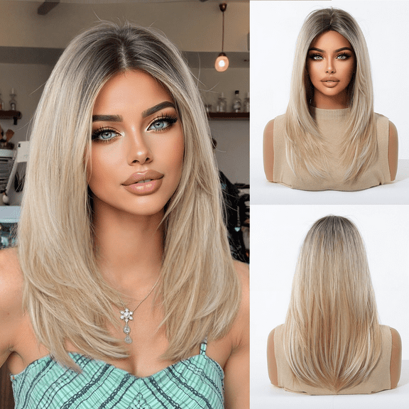 Fanty European and American wig, short hair, gradient dyed bangs, short straight hair wig, full set headband, high-temperature silk headband, essential birthday party gift for women