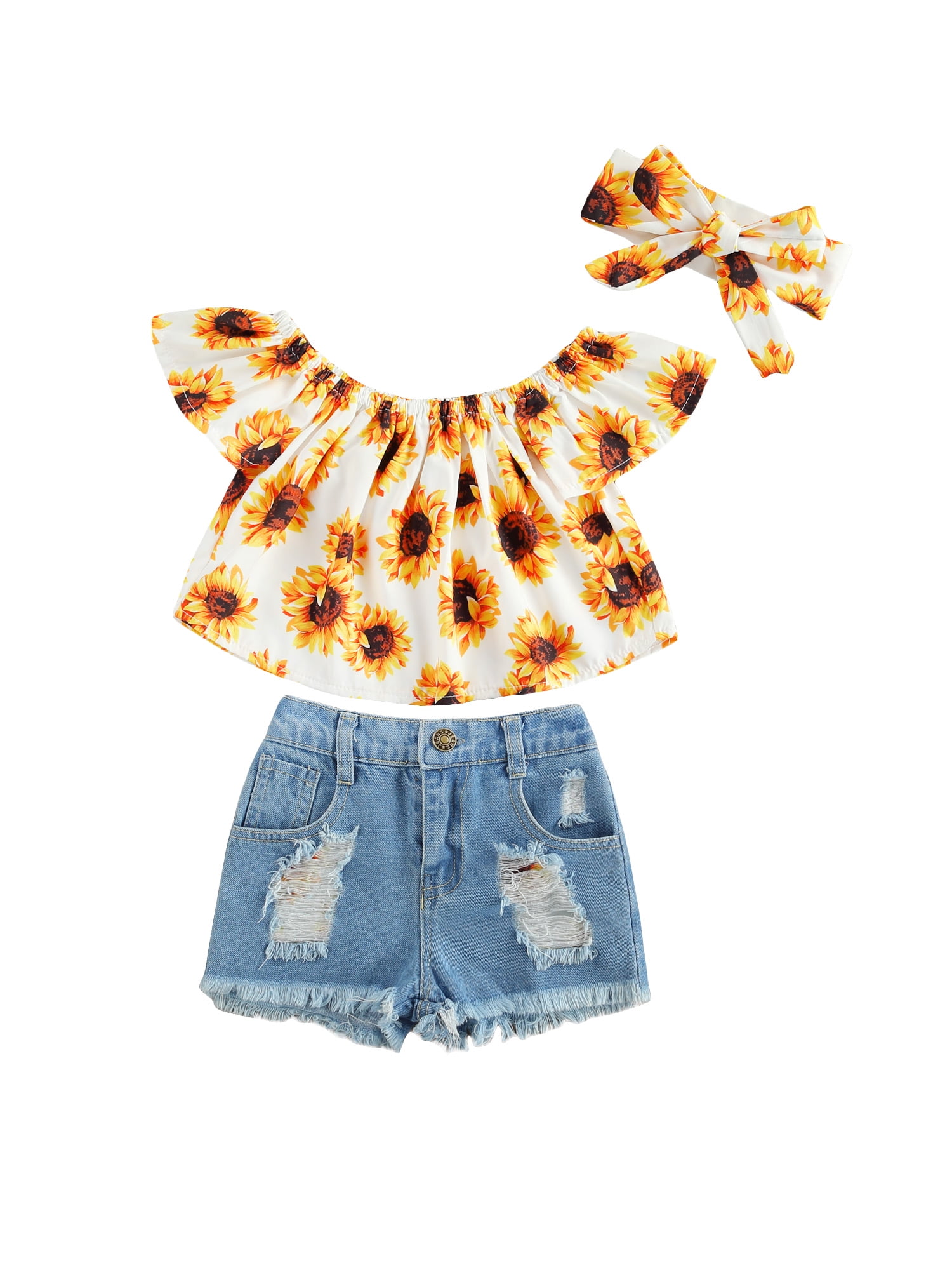 Fanvereka 2 Pieces Kids Suit Set Girls Sunflower Print Boat Neck Short ...