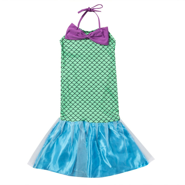 Fanvereka Little Girls Cospaly Dress Summer Mermaid Tail Ruffle Hem Outfit Front Big Bow Fish Scale Patterns Patchwork Performance Dress, Girl's, Size