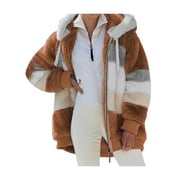 Fanvereka Women Hooded Fuzzy Fleece Coat Color Block Patchwork Zip Up Warm Jacket Outwear with Pockets