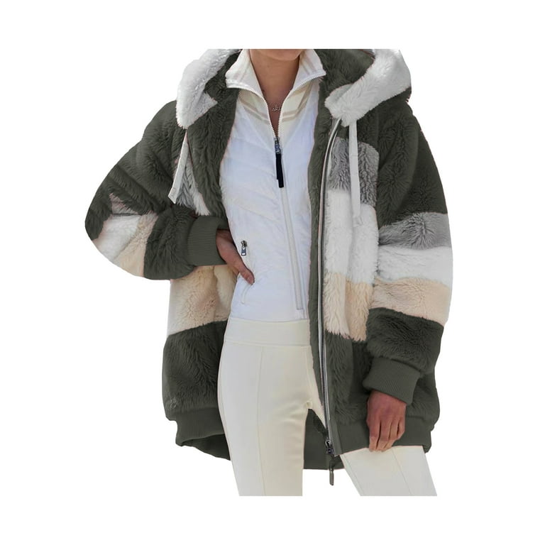 Fanvereka Women Hooded Fuzzy Fleece Coat Color Block Patchwork Zip