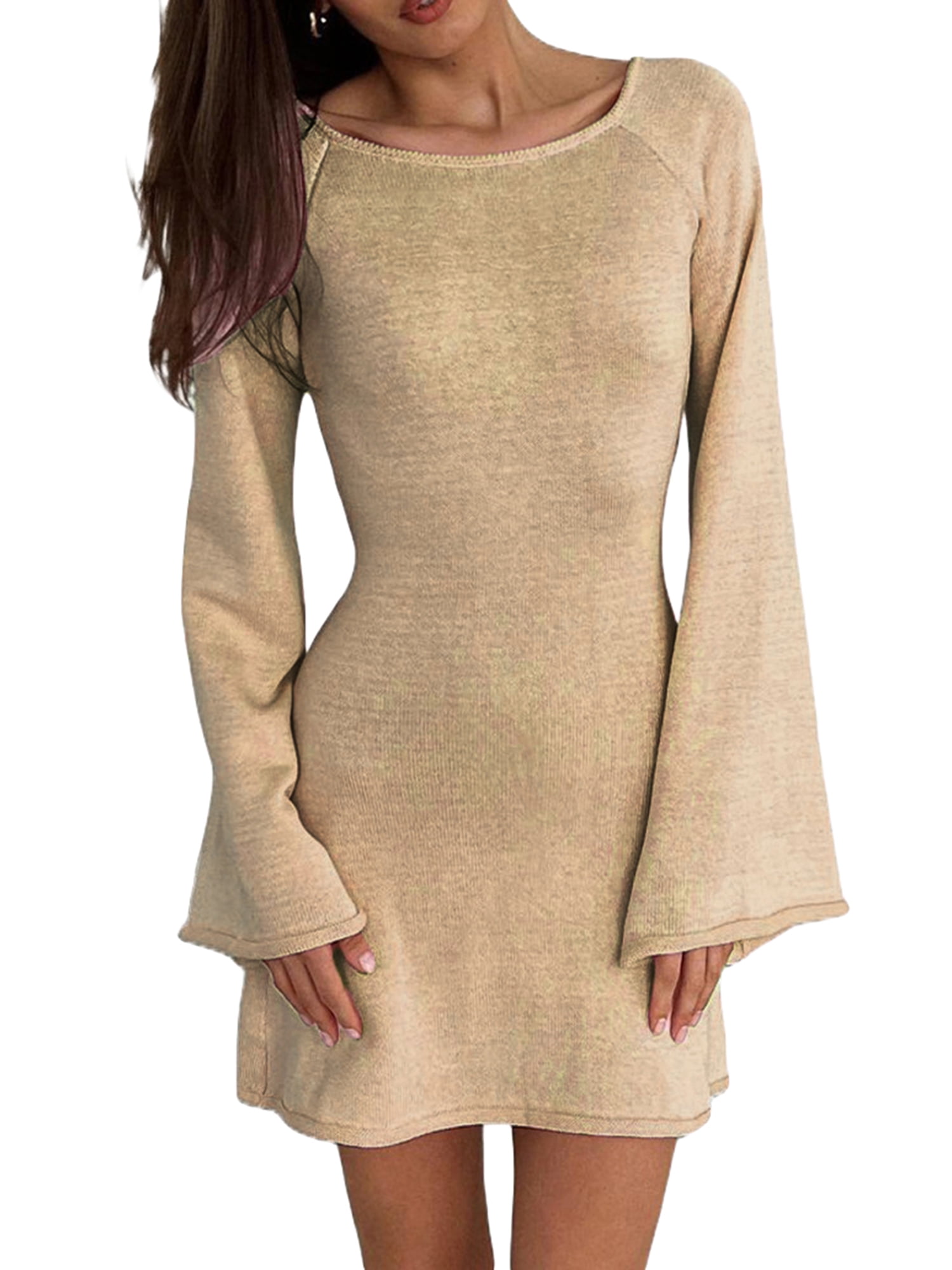 Fanvereka Women Knitted Dress Solid Color Backless Long Sleeve Mini
