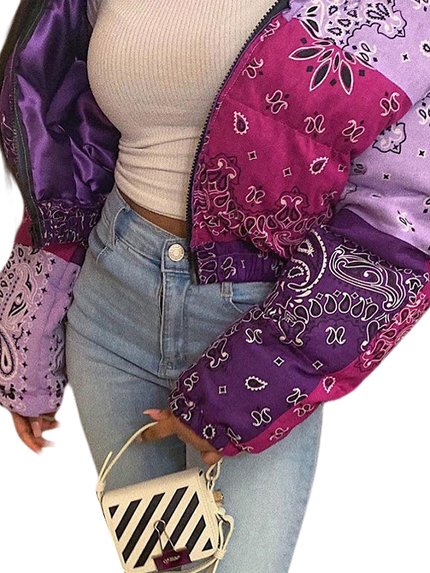 Fanvereka Women Shiny Short Puffer Jackets Bandana Printed Cropped