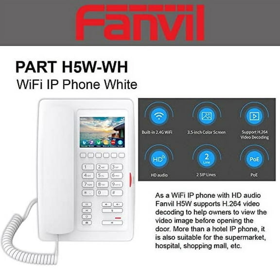 Fanvil H5W Wi-Fi IP Phone 3.5 Color Screen with 2 SIP Lines Ideal to Hospital, Shopping mall, Hotel (White)