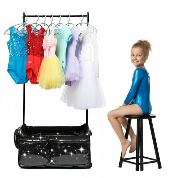 Fegat 28" Dance Bag with Garment Rack,Upgraded Collapsible Glittering Rolling Competition Dance Duffle Bag Lightweight Wear-Resistant Costume Wheeled Suitcase for Dancers Shows,Black