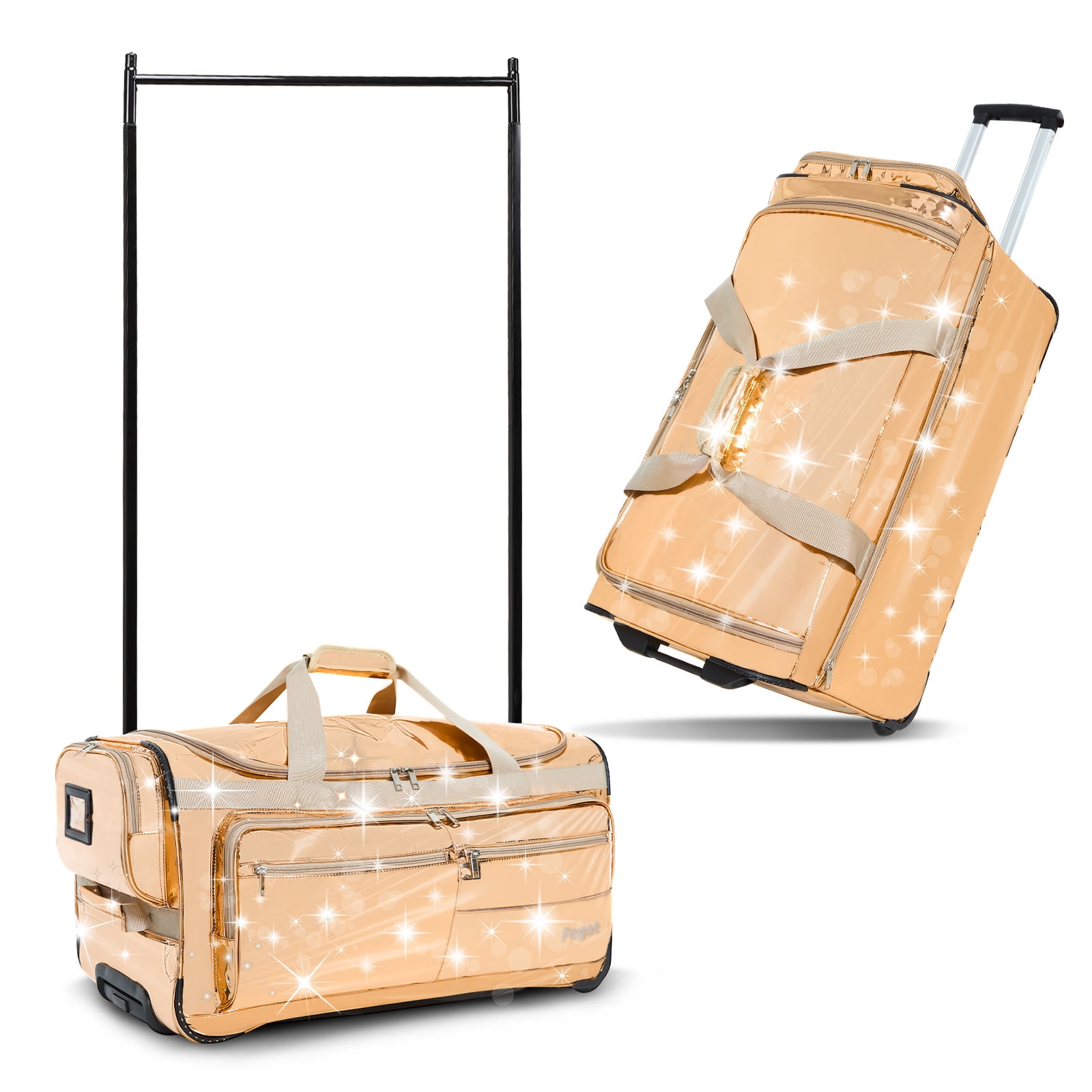 Fegat 28" Dance Bag with Garment Rack,Upgraded Glitter Rolling Competition Dance Duffel Bag Waterproof Costume Travel Bag Costume Suitcase for Dancer Performer Athletes,Gold