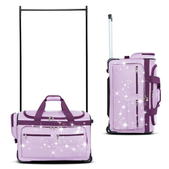 Fegat Dance Bag with Garment Rack,23"Glitter Bright Rolling Dance Duffel Bag Lightweight Competition Bag Costume Suitcase for Dancers Performer Artist, Shine Glitter Purple