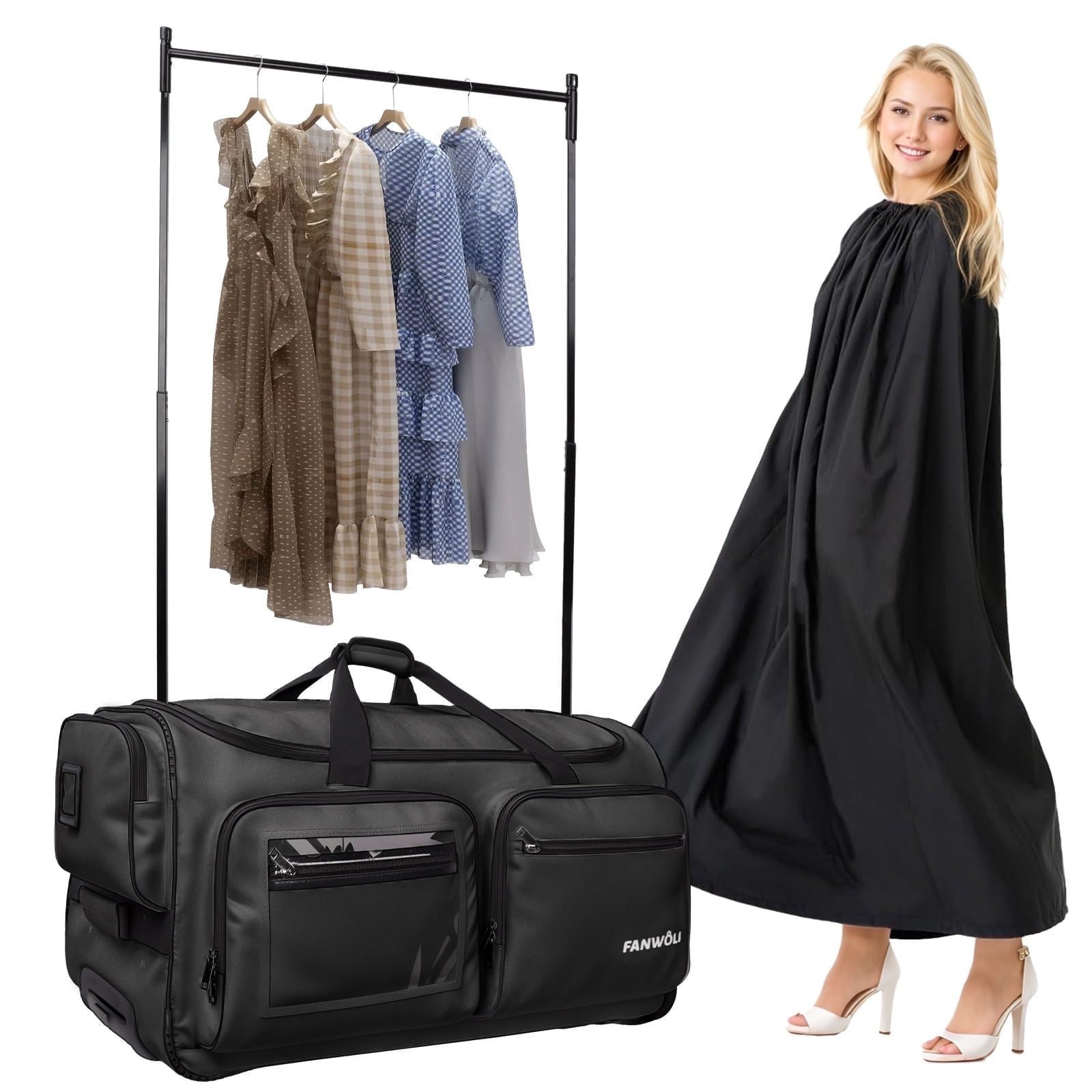 Fegat Dance Bag with Garment Rack, 23" Foldable Rolling Competition Dance Duffle Bag with Portable Clothes Changing Cover, Costume Suitcase for Dancers Shows Athletes