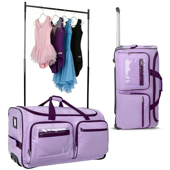 Fegat Dance Bag with Garment Rack - 28"Collapsible Rolling Competition Dance Duffle Bag Lightweight Costume Wheeled Suitcase for Dancers Shows Livestreamer Athletes,Purple