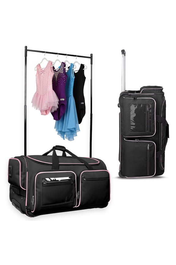 Dance Bag with Garment Rack - 28"Collapsible Rolling Competition Dance Duffle Bag Lightweight Costume Wheeled Suitcase for Dancers Shows Livestreamer Athletes