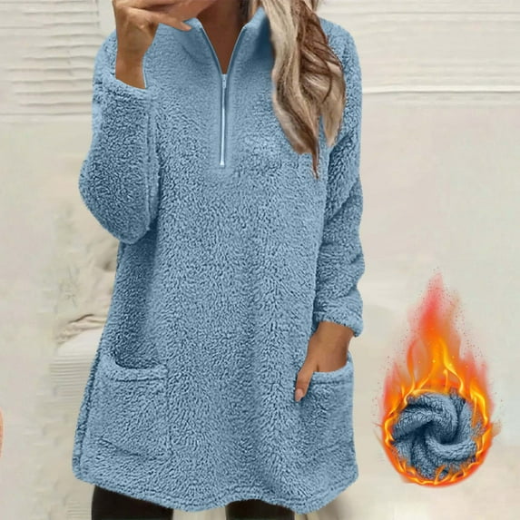 Fanxing 1/4 Zip Fleece Pullover Women Fuzzy Sherpa Sweatshirts Stand Collar Long Sleeve Fall Winter Lounge Winter Warm Tunic Top with Pockets Light Blue L