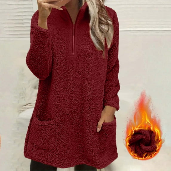 Fanxing 1/4 Zip Fleece Pullover Women Fuzzy Sherpa Sweatshirts Stand Collar Long Sleeve Fall Winter Lounge Winter Warm Tunic Top with Pockets Wine 2XL