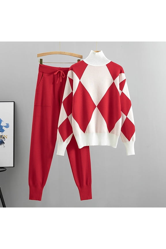 2 Piece Outfits for Women Fall Argyle Sweater Outfits Long Sleeve Knitted Set Top Sweat Suits 2025 Knit Pullover Lounge Sets My Orders Placed Recently By Me Red,XL