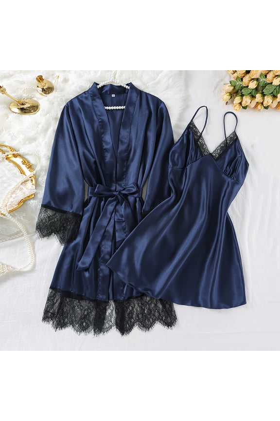 2 Piece Pajamas Sets for Women Satin Robes & Slik Cami Dress Perfect Valenties Day Gift Lightweight Bathrobes Blue L