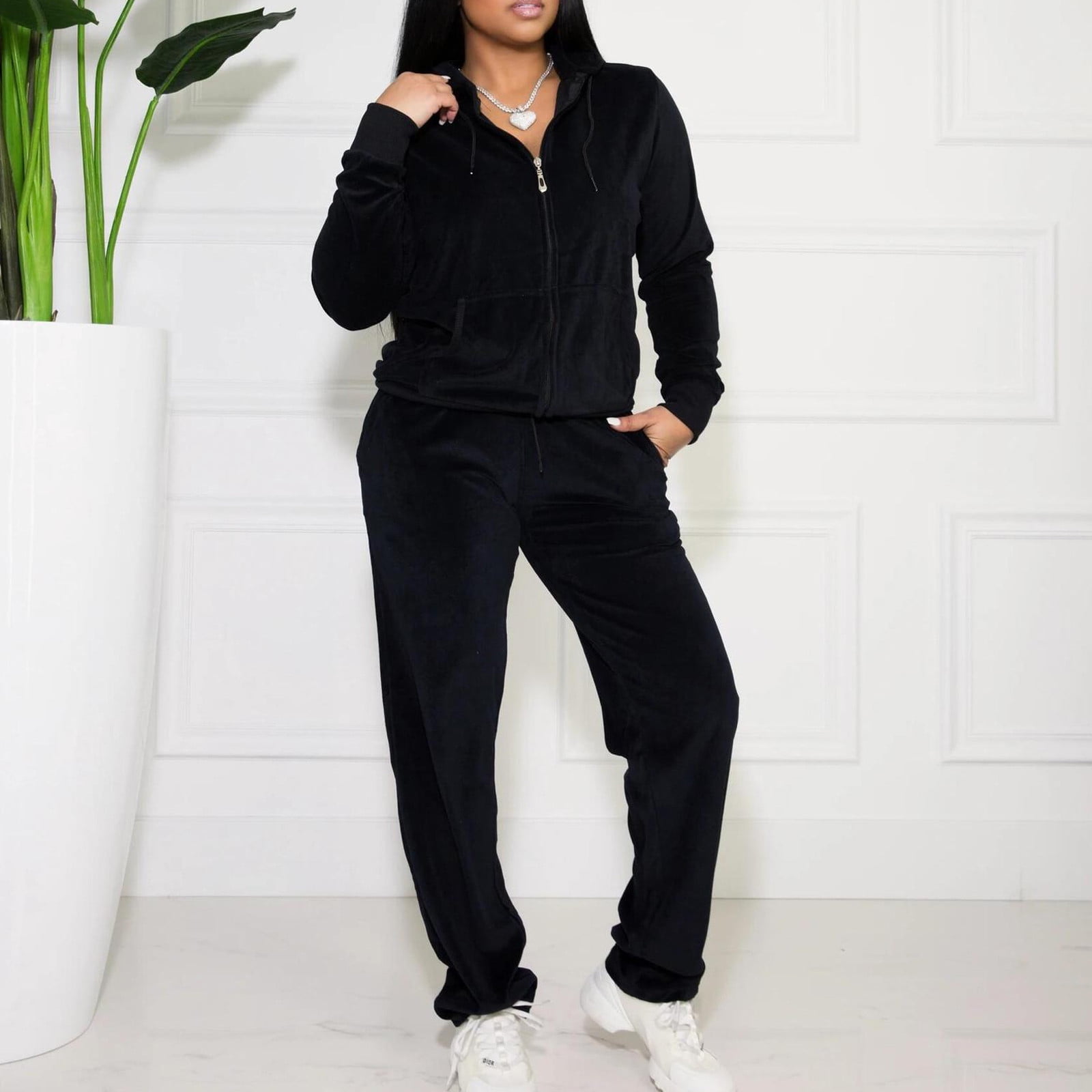 Fanxing 2023 Clearance Women's Velour Tracksuits Set 1/4 Zipper Hooded