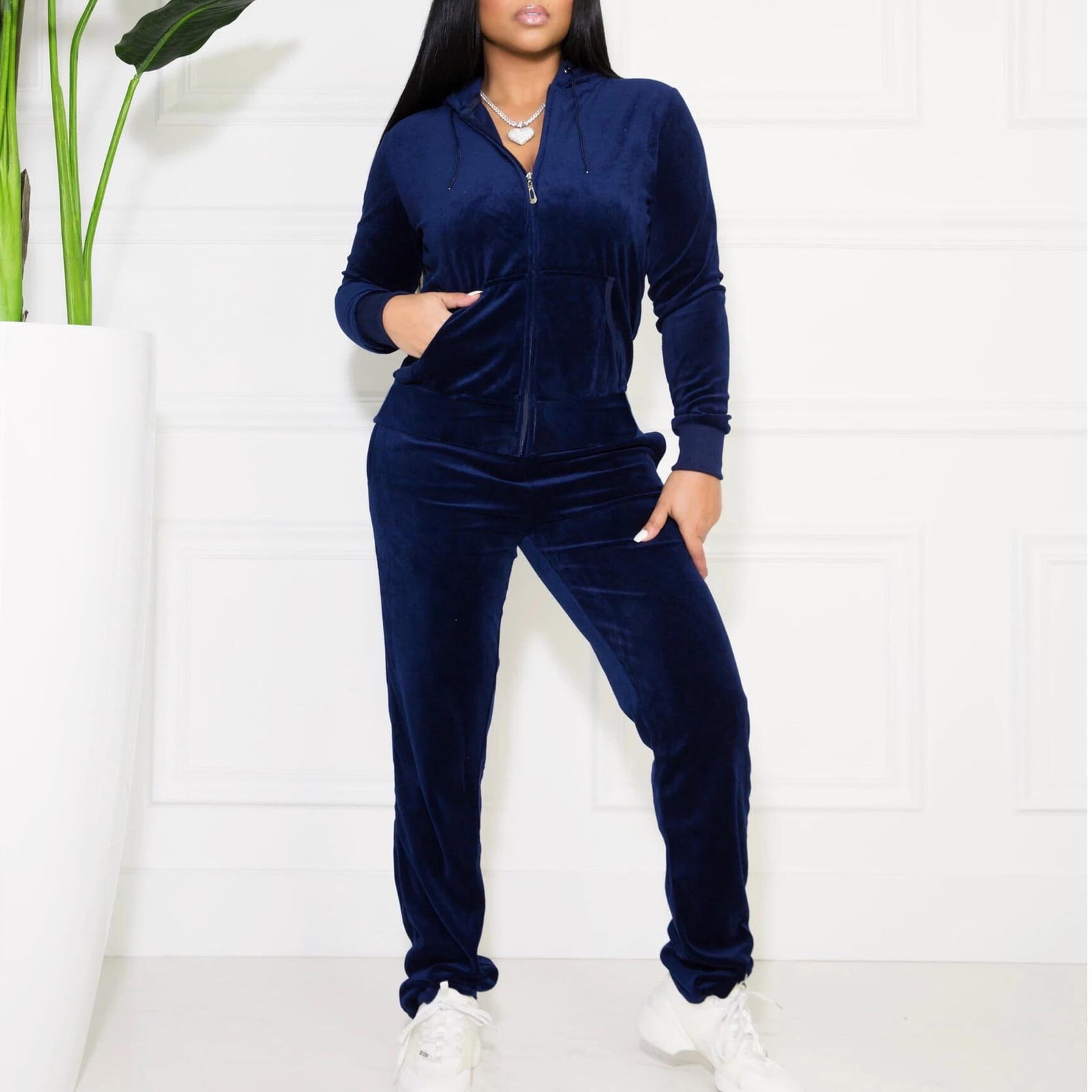 Fanxing 2023 Clearance Women's Velour Tracksuits Set 1/4 Zipper Hooded