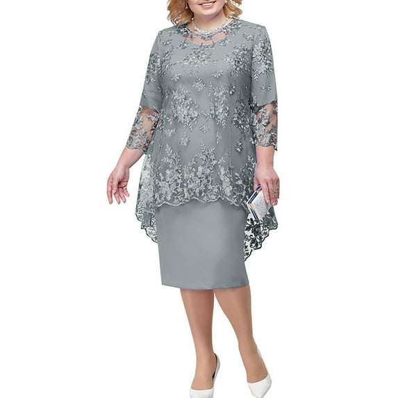 Fanxing 2 Pieces Dress Set for Women Plus Size Mother of The Bride Dresses Suit Lace Embroidery Party Dress Prom Dresses with Jewelry Gray,XL
